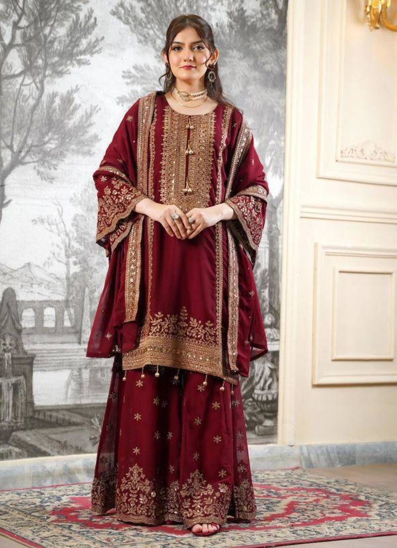 Maroon silk blend embroidered sharara set
