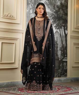 Black silk blend embroidered sharara set 1