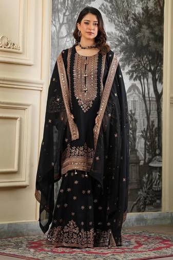 Black silk blend embroidered sharara set