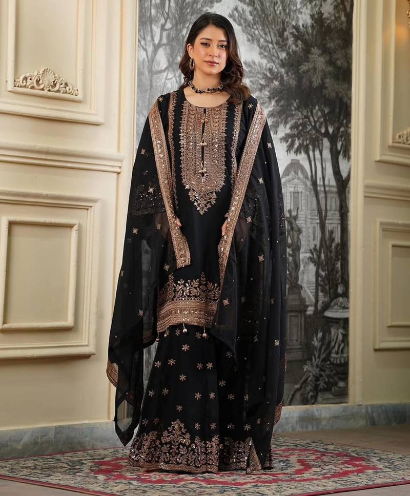 Black silk blend embroidered sharara set
