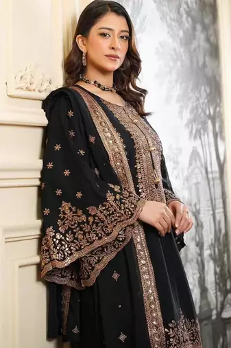 Black silk blend embroidered sharara set