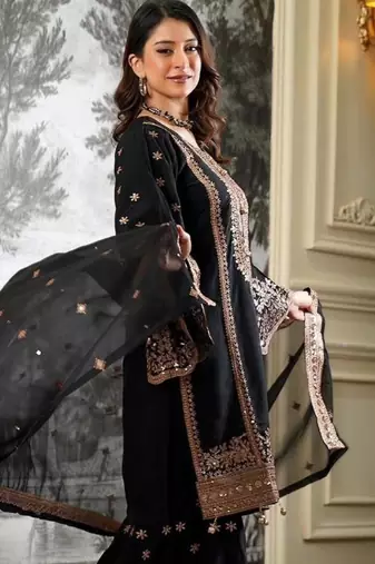 Black silk blend embroidered sharara set