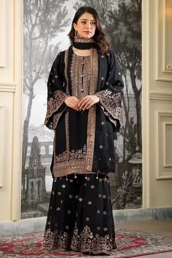 Black silk blend embroidered sharara set