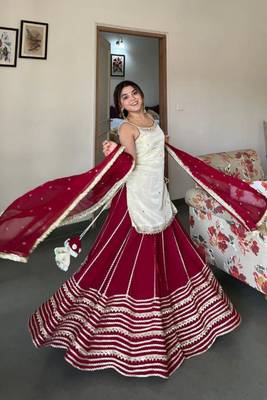 Off white silk blend embroidered  lehenga kurti with real mirror work set 1