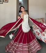 Off white silk blend embroidered  lehenga kurti with real mirror work set