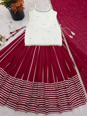 Off white silk blend embroidered  lehenga kurti with real mirror work set 2