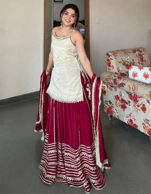 Off white silk blend embroidered  lehenga kurti with real mirror work set 3