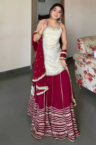 Off white silk blend embroidered  lehenga kurti with real mirror work set