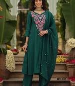 Dark green viscose rayon embroidered kurta set