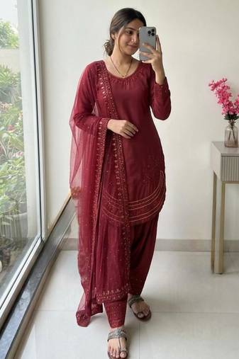 Red crepe embroidered farshi palazzo