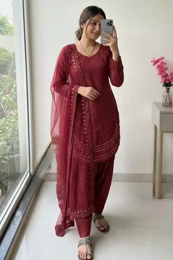Red crepe embroidered farshi palazzo