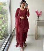 Red crepe embroidered farshi palazzo