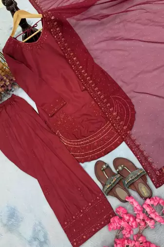 Red crepe embroidered farshi palazzo