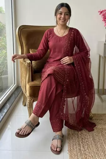 Red crepe embroidered farshi palazzo