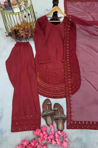 Red crepe embroidered farshi palazzo