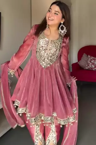 Pink silk blend mirror dhoti style pant