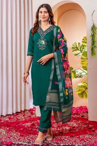 Dark green silk blend embroidered kurti set
