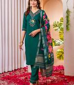 Dark green silk blend embroidered kurti set