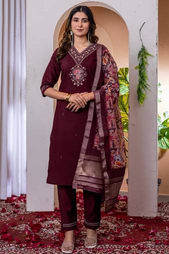 Wine silk blend embroidered kurti set