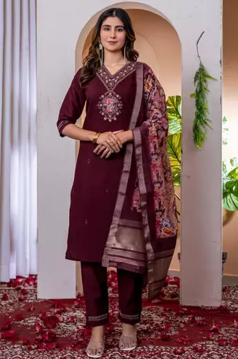 Wine silk blend embroidered kurti set