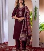 Wine silk blend embroidered kurti set