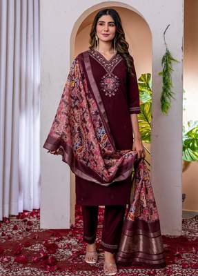Wine silk blend embroidered kurti set 2