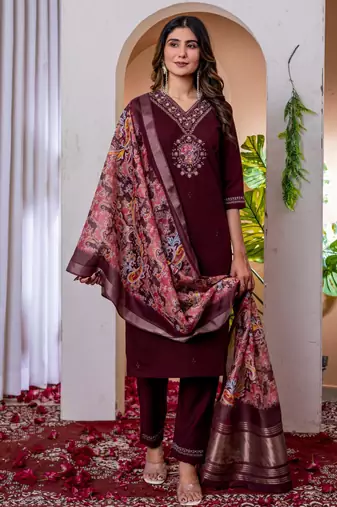 Wine silk blend embroidered kurti set