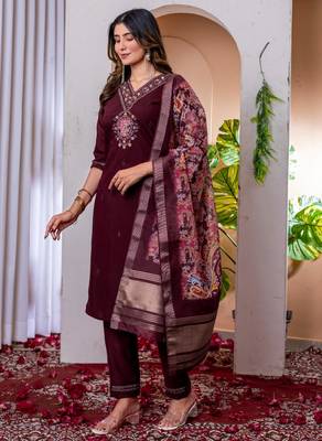 Wine silk blend embroidered kurti set 3
