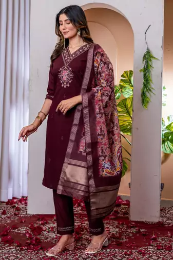 Wine silk blend embroidered kurti set