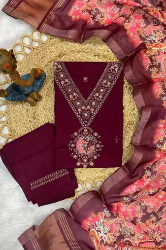 Wine silk blend embroidered kurti set