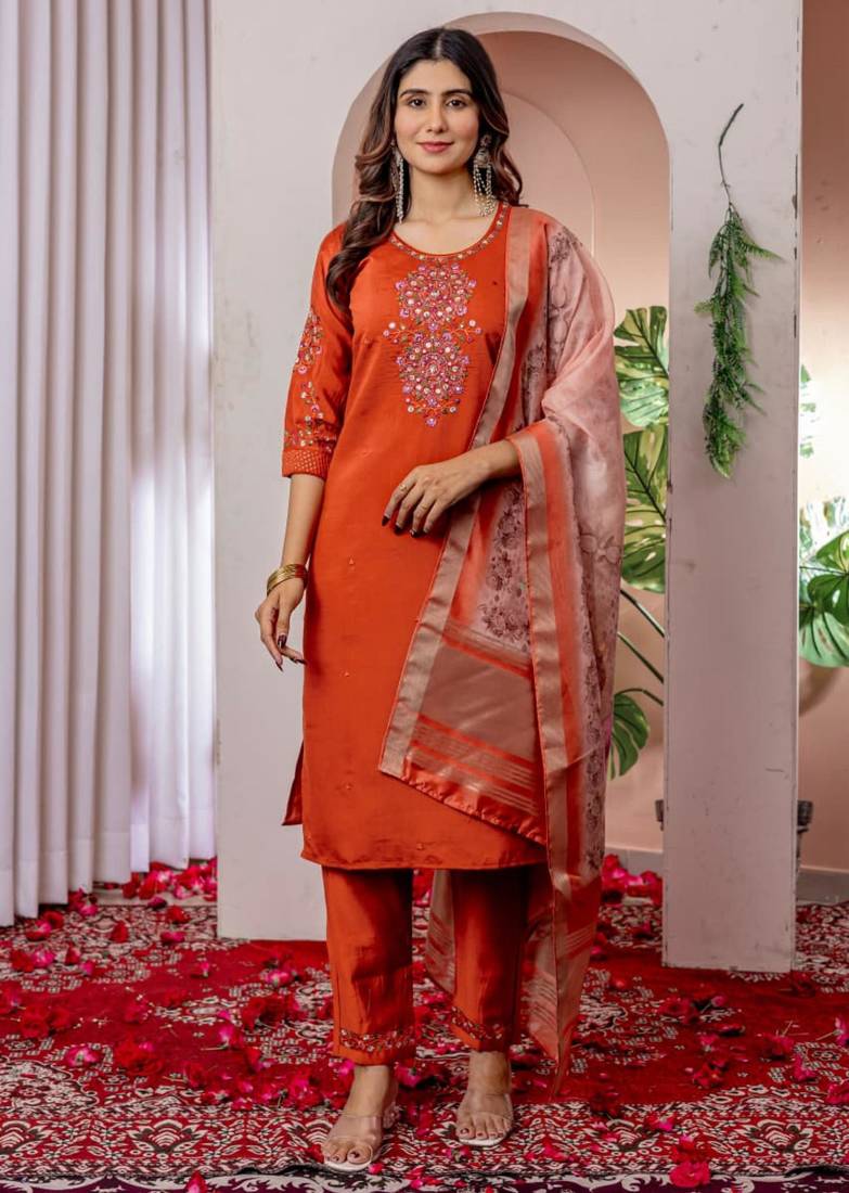 Orange silk blend embroidered kurti set