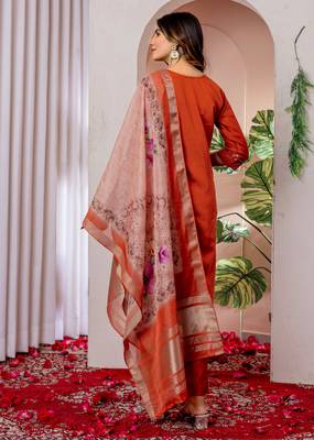 Orange silk blend embroidered kurti set 2