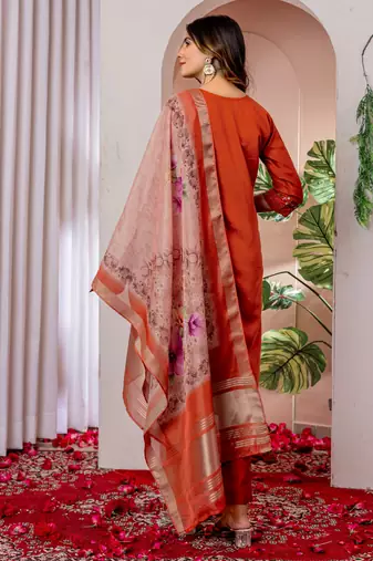 Orange silk blend embroidered kurti set