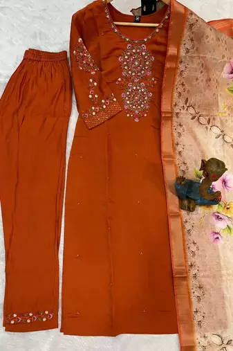 Orange silk blend embroidered kurti set