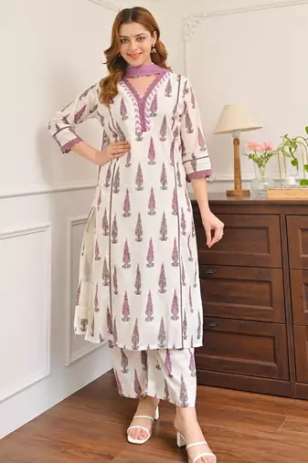 Off white cotton silk printed kurti palazzo set