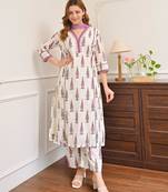 Off white cotton silk printed kurti palazzo set