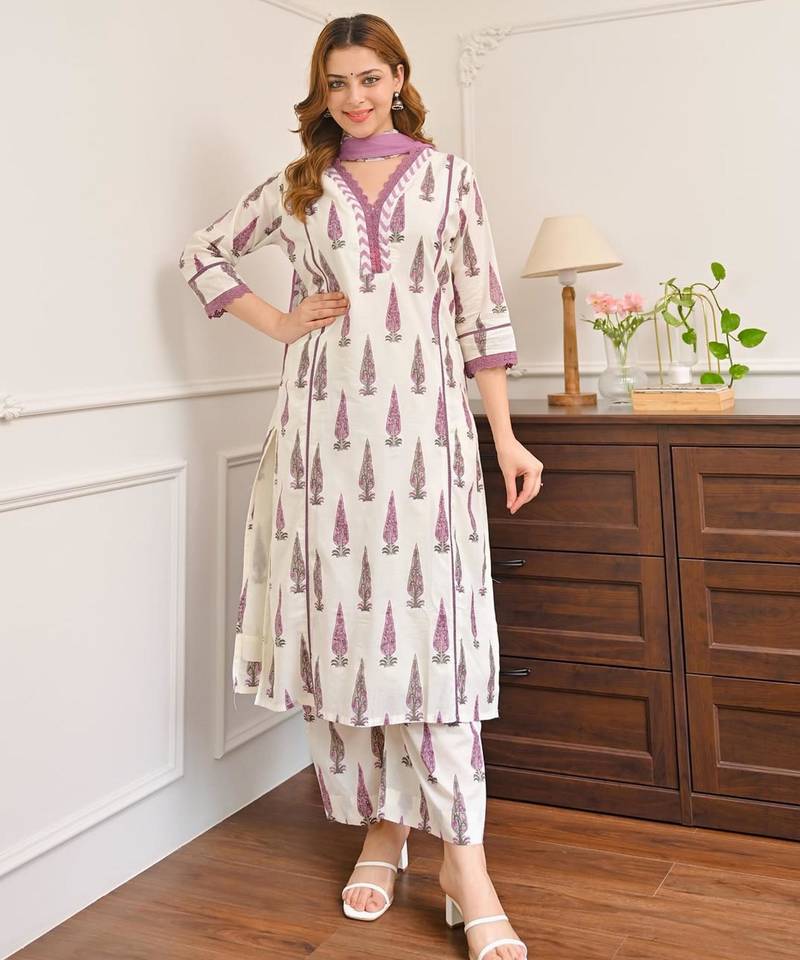 Off white cotton silk printed kurti palazzo set