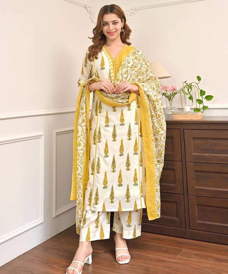 Off white cotton silk printed kurti palazzo set