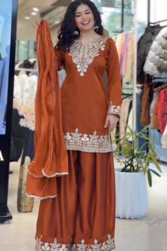 Dark orange silk blend embroidered palazzo set