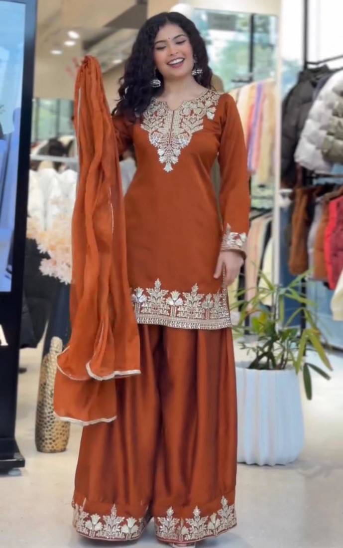 Dark orange silk blend embroidered palazzo set