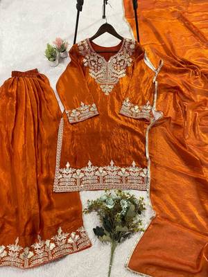 Dark orange silk blend embroidered palazzo set 2