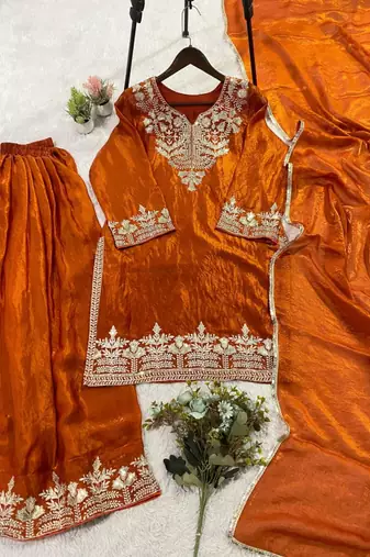 Dark orange silk blend embroidered palazzo set