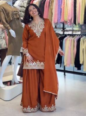 Dark orange silk blend embroidered palazzo set 3