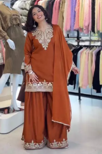Dark orange silk blend embroidered palazzo set