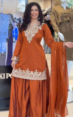 Dark orange silk blend embroidered palazzo set 4