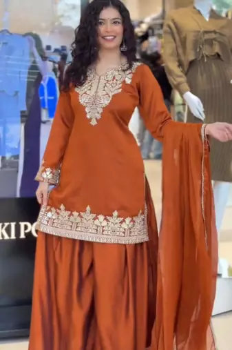 Dark orange silk blend embroidered palazzo set
