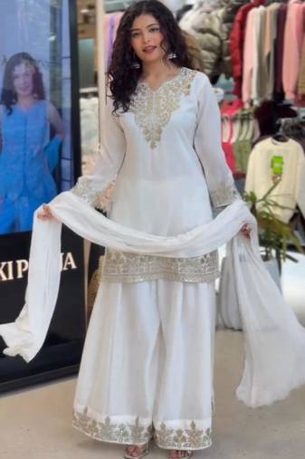 White silk blend embroidered palazzo set