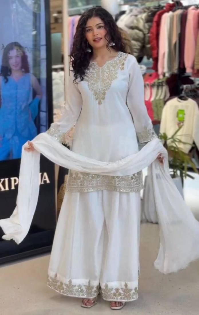 White silk blend embroidered palazzo set