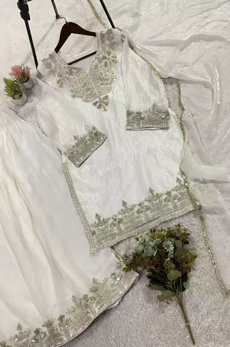 White silk blend embroidered palazzo set