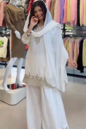 White silk blend embroidered palazzo set